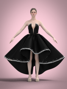 3D fashion design of a stylish digital garment showcasing detailed textures and innovative design elements.